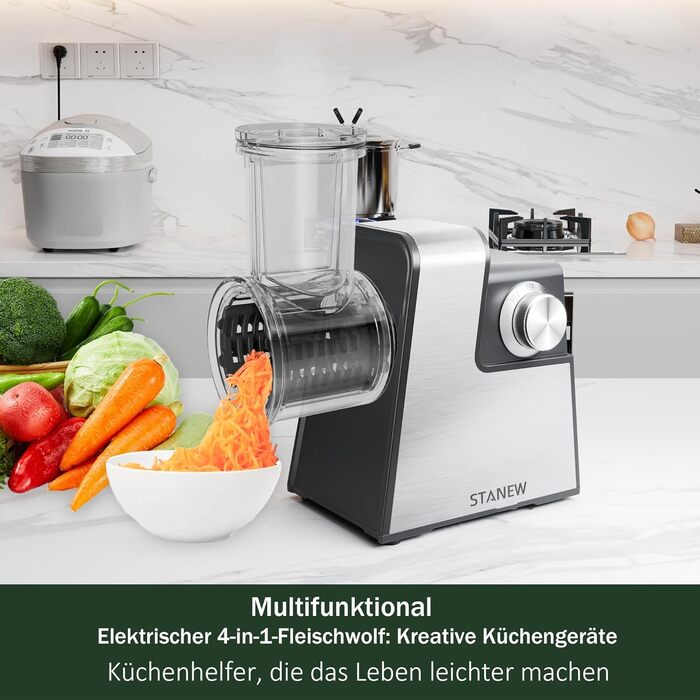 Електрична м'ясоподрібнювач STANEW 2500W з нержавіючої сталі [4-в-1] з 5 лезами (хвильовий ніж/різання/тертка) та подвійним мотором - для м'яса, овочів, зелені + насадка для ковбас та для вирізання печива