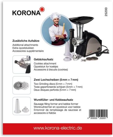 М'ясорубка Korona 25200 Нержавіюча сталь Насадка для кондитерських виробів, кеббе та ковбасних наповнювачів 400 Вт