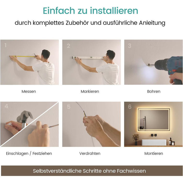 Дзеркало для ванної кімнати EMKE з підсвічуванням 120x60 см, тепле біле світло 3000K, вимикач, матовий бортик 2.70 x 50 см