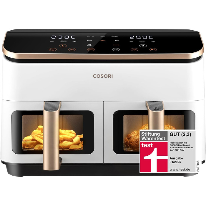 Фритюрниця без олії COSORI з 2 камерами, 8.5 л, чорно-біла, з рецептами та нержавіючою сталлю