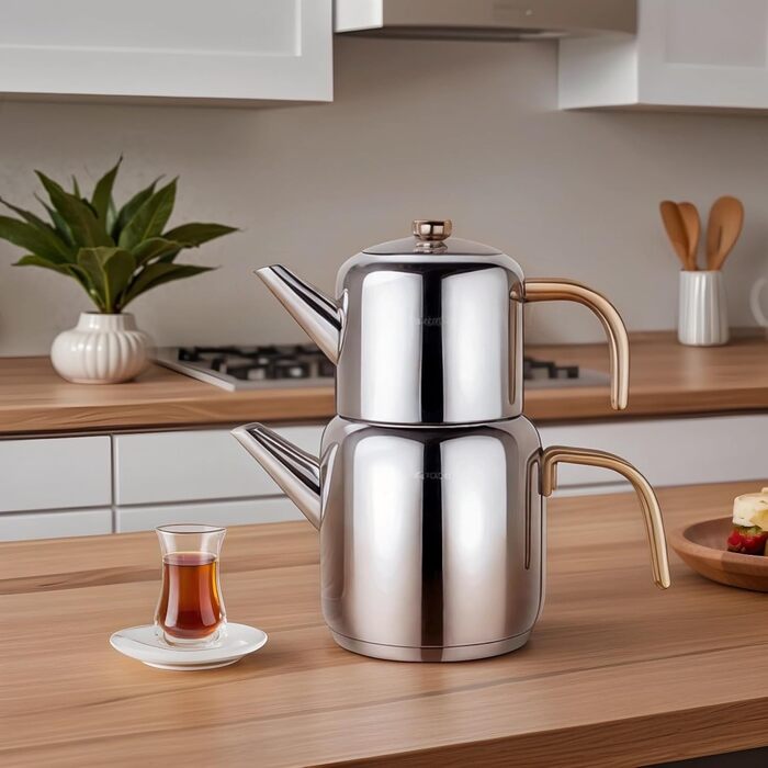 Набір для заварювання чаю Karaca New Mira Gold: чайник 1л та чайник-самовар 2л з нержавіючої сталі, індукційний, для турецького чаю