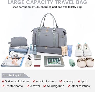 Спортивна сумка LOVEVOOK для подорожей, жіноча дорожня сумка Weekender з косметичкою, відділенням для взуття та мокрих речей, водонепроникна, 37L, сіра