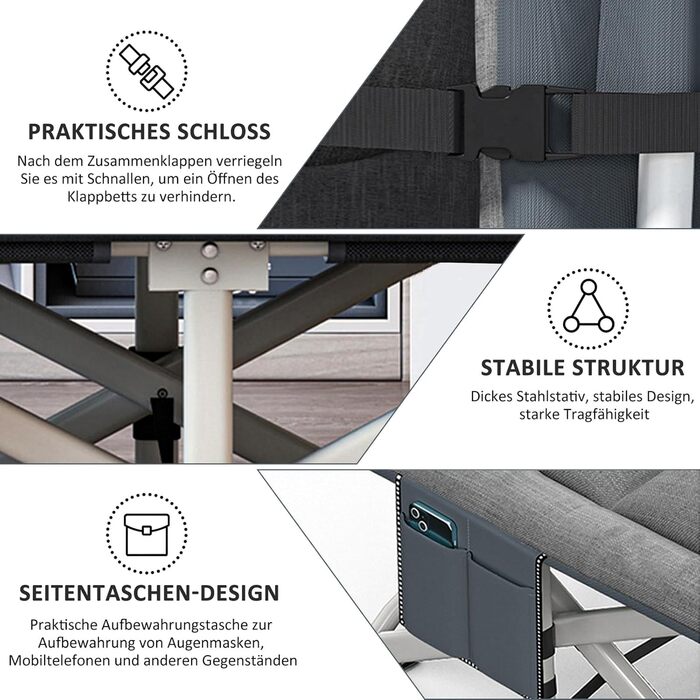 Розкладне кемпінгове ліжко CALIYO, польове ліжко для гостей до 200 кг, 190 x 68 x 40 см, з сумкою для зберігання, світло-сіре