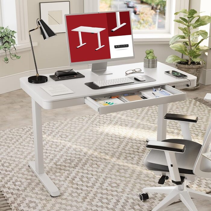 Електричний регульований стіл Sanodesk з ящиком, сенсорним керуванням та USB-портами, 120 x 60 см, білий колір, білий каркас, висота 73.5-118 см