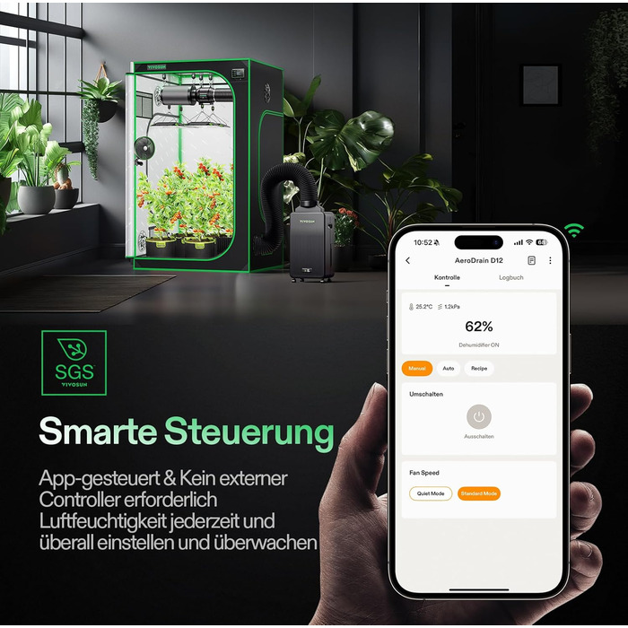 VIVOSUN AeroDrain D12 - Електричний осушувач повітря 12л/день з датчиками температури та вологості, дистанційне керування, для підвалу, ванної кімнати та гроу-тента