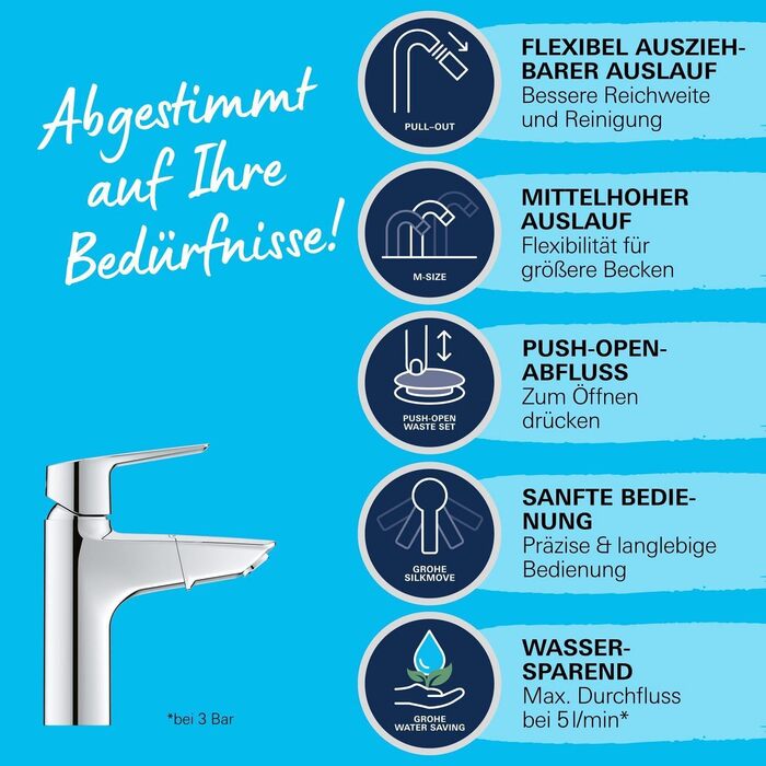 Змішувач для ванної кімнати GROHE Start для сім'ї, економія води, висувний, з поп-ап зливом, 19 см, 3-в-1 інструмент, проста установка, хром, 24205003