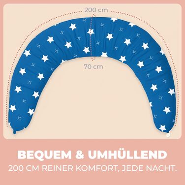 Підголівник для вагітних Stillkissen XXL 200x70см, подушка для годування та сну, балоньєра, з бавовняним чохлом, ергономічна, багатофункціональна, 100% бавовна, блакитний колір з білими зірками