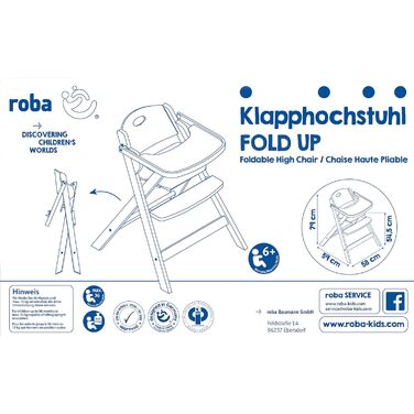 Дитячий стільчик для годування Roba з підносом - компактний, складаний, з 3-точковим ременем безпеки, від 6 місяців, дерево, білий/натуральний