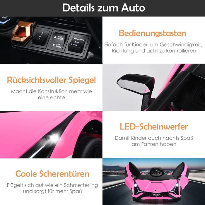 Дитячий електромобіль Lamborghini 12V COSTWAY з пультом, MP3, музикою, LED-фарами, рожевий, для дітей 3-8 років