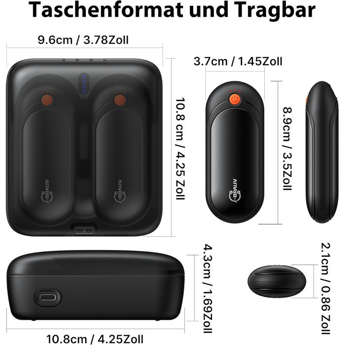 Електричні грілки для рук J-BRAUV 2 шт. з акумулятором 4000mAh, зарядний бокс 10000mAh, 3 режими нагріву, USB, чорний, кишеньковий