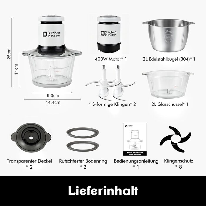 Електричний подрібнювач Zerkleinerer 400W з двома чашами 2л + 2л та двома лезами з нержавіючої сталі для м'яса, овочів, фруктів - білий