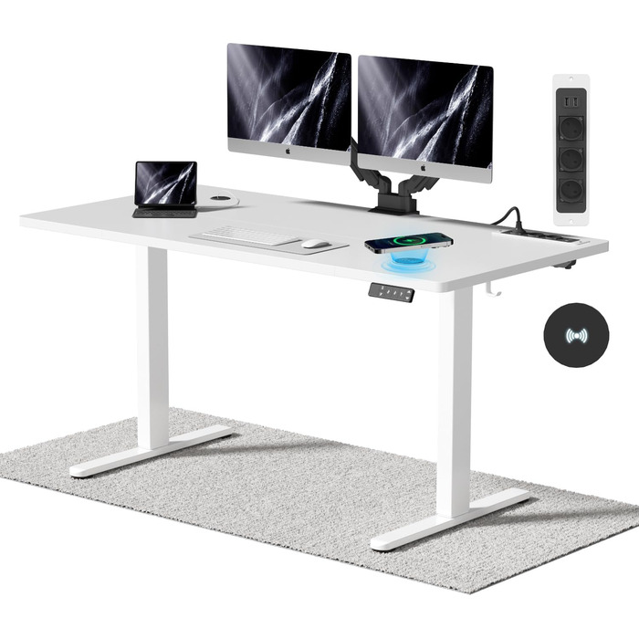Електричний стіл Airfish з регулюванням висоти (140x70 см) з бездроговою зарядкою, пам'яттю на 3 положення та функцією нагадування про відпочинок, білий.