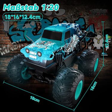 RC Monstertruck 1:20 2.4GHz синій - радіокерований позашляховик для хлопчиків та дівчаток від 3 років з LED підсвіткою, музикою та функцією 'ходьба на двох колесах'