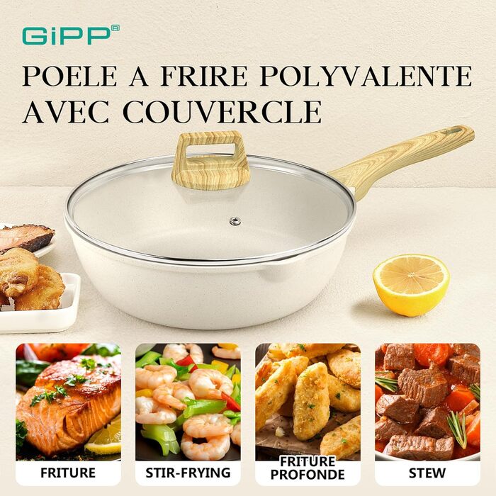 Сковорода GiPP Schmorpfannen з високим бортиком 28 см з кришкою, антипригарне покриття, 4.3 л, кераміка, для всіх типів плит, білий колір