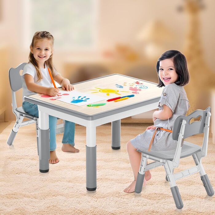 Дитячий стіл зі стільцями, дитяча група сидіння, регульована по висоті з HDPE та ABS, багатофункціональний дитячий стіл для дітей від 2 до 10 років, ергономічний набір столу та стільця для дитячої кімнати, 60*60 см, сірий