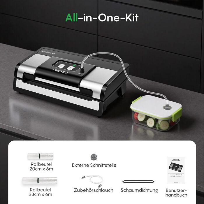 Вакууматор FRESKO Automatik для продуктів: автоматичний вакуумний пакувальник з турбо-потужністю 18л/хв, керування однією кнопкою, комплект з 2 рулонами для пакетів