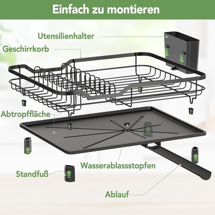 Сушарка для посуду ROTTOGOON розширювана, нержавіюча сталь, з висувним носиком та відділенням для столових приладів, чорна (1-рівнева)