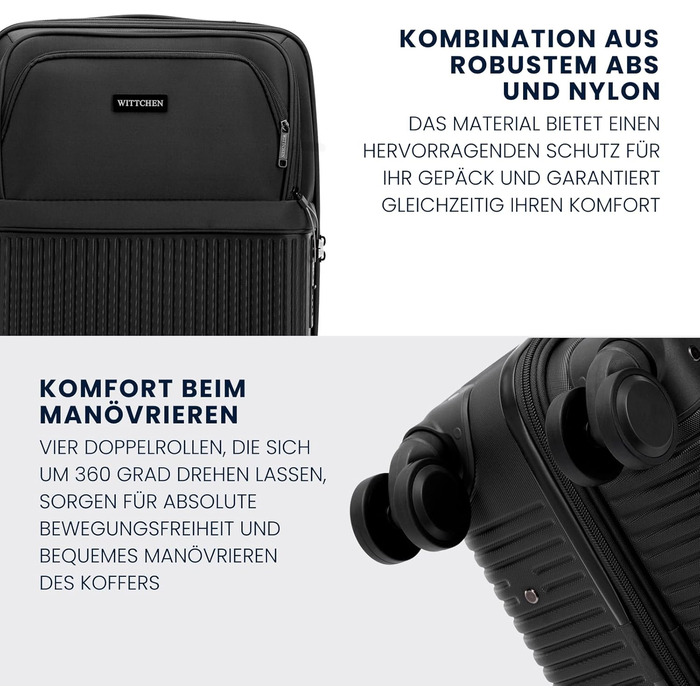 Набір валізWITTCHEN AXIS 3 шт. | Чемодани ручної/переносної розмірності M, L | Гібрид ABS Nylon з кишенями на блискавці, TSA-замок, телескопічна ручка, 360° колеса, легкі, чорні (55 x 37 x 21,5 см)