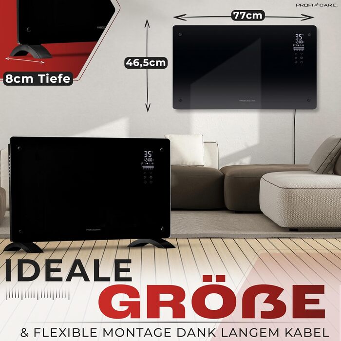 ProfiCare® Електричний конвектор з скляною передньою панеллю та X-подібним нагрівальним елементом | Мобільний обігрівач, також підходить для настінного монтажу | Конвектор з 2 рівнями нагріву | Безшумне опалення - 0dB | PC-GKH 3119 чорний