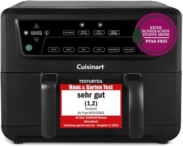 Фритюрниця Cuisinart XXL 10.4L з двома зонами, без PFAS та хімікатів. Брати, смажити, запікати, дегідратувати та підтримувати тепло. 2 камери (2 x 5.2L), 8+ порцій. Деталі придатні для миття в посудомийній машині. Чорний колір.