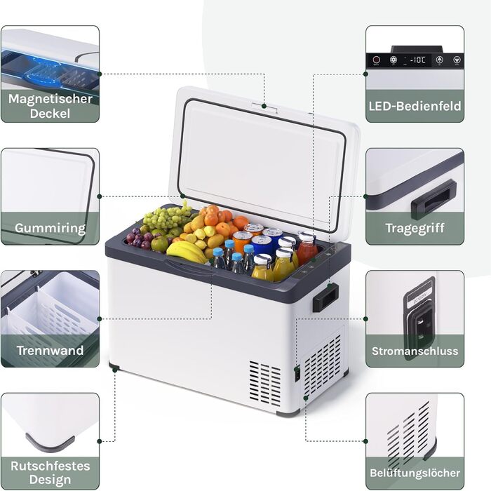 Автомобільний холодильник WOLTU 30л, електричний 12/230V, двозонний, для авто, пляжу, пікніка - білий + адаптер