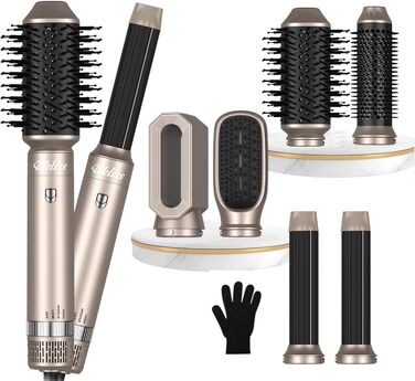 Фен-щітка Airstyler UKLISS 6 IN 1, фен з гарячою повітряною щіткою з автоматичною плойкою, щітка для випрямлення, надає волоссю об'єм, випрямляє, завиває та сушить волосся феном (золотистий)