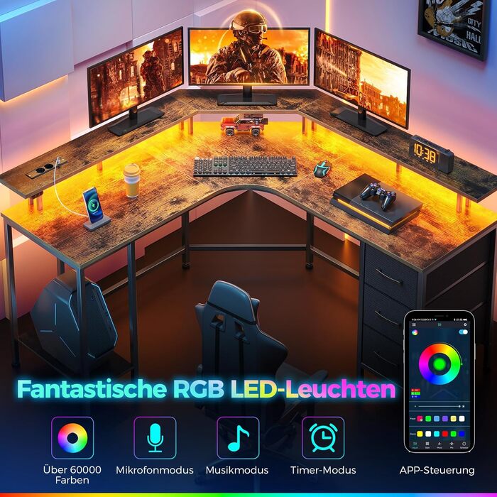 Ігровий кутовий стіл Seventable L-подібний з LED підсвіткою, розетками та 3 текстильними шухлядами, 135x135x88 см (Вінтажний коричневий)