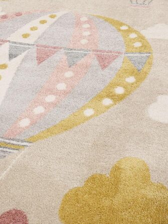 Прогулянка на повітряній кулі, Килимок для дитячої кімнати, Дитячий килимок для дітей, Ігровий килимок для немовлят, Сучасний дизайн, Короткий ворс, Без шкідливих тканин, Бежевий/Блакитний (100 x 160 см, Бежевий / Рожевий)