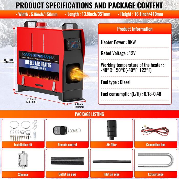 8kW Дизельний Обігрівач з Пультом та LCD-Екраном для Автомобіля, RV, Човна, Вантажівки, 12V