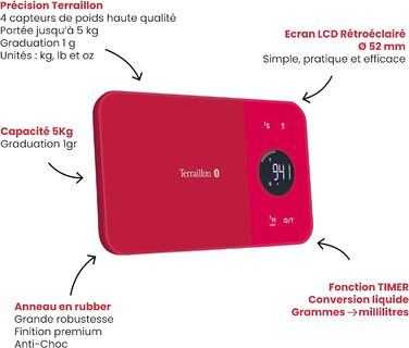 Кухонні ваги Terraillon, Можна підключити до смартфона/планшета, Розрахунок енергоспоживання, З функцією тарування, Індикатор рідини, Таймер, Bluetooth Smart, 5 кг, NutriTab, Журавлинно-червоний