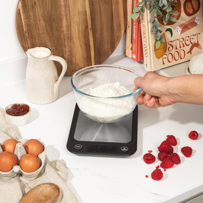 Кухонні ваги Salter 1068 SSBKDR: цифрова вага з нержавіючої сталі, 5 кг, функція тарування, вимірювання рідин (мл/fl.oz), LCD-дисплей, чорний колір, стильний дизайн, легко очищаються