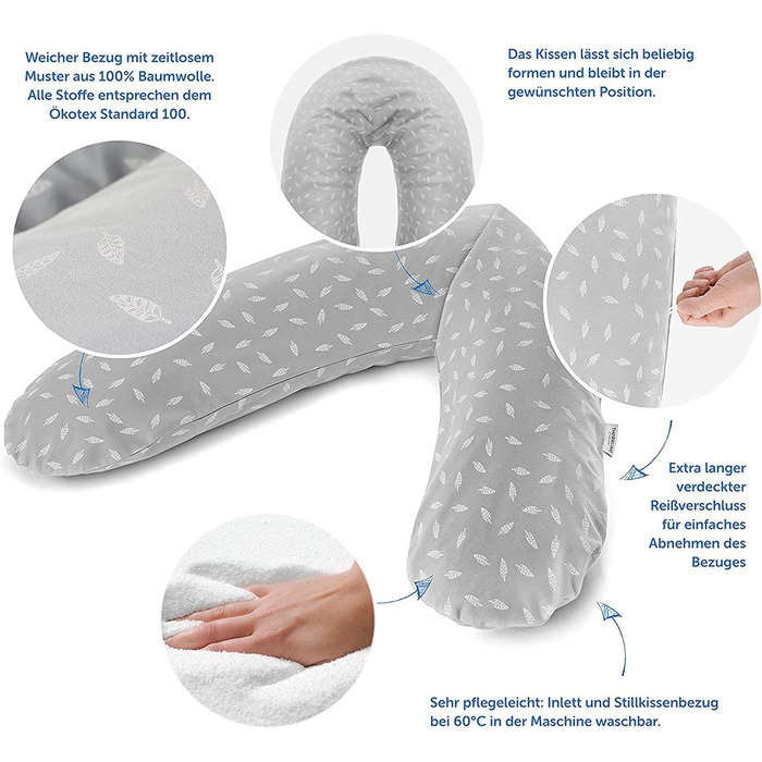 Оригінальна подушка для годування та вагітності Theraline 190 см, бавовняний чохол, наповнювач з мікробісеру, листя сірий/білий