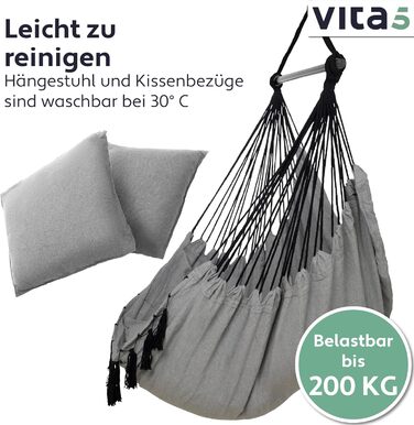 Підвісне крісло на відкритому повітрі - Стійке та безпечне крісло-гамак - Стильне підвісне крісло для приміщень - Гойдалка для дорослих і дітей - Зручне оформлення кімнати в стилі бохо - Вантажопідйомність 200 кг (сірий), 5