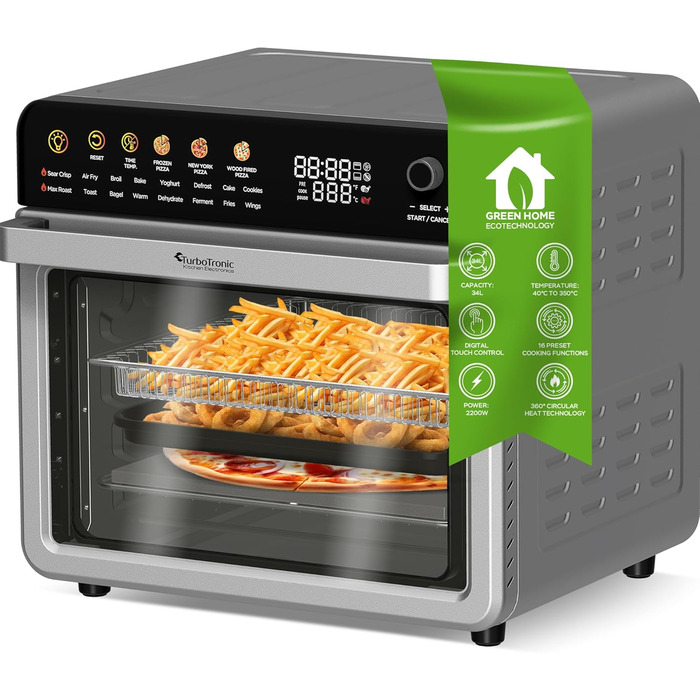 Багатофункціональна піч TurboTronic Multi Smart Oven 16-в-1: піч, фритюрниця, дегідратор, гриль, піч для піци. Об'єм 34 л, 2200 Вт, до 1 кг картоплі фрі, 40-350°C.