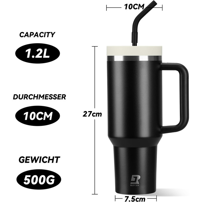 Термокружка-пляшка 1200 мл з трубочкою та антиковзним ручками, BPA Free, подвійні стінки, ізоляція для авто, офісу, відпочинку (Пастельно-рожевий, Біло-рожевий, Чорний)