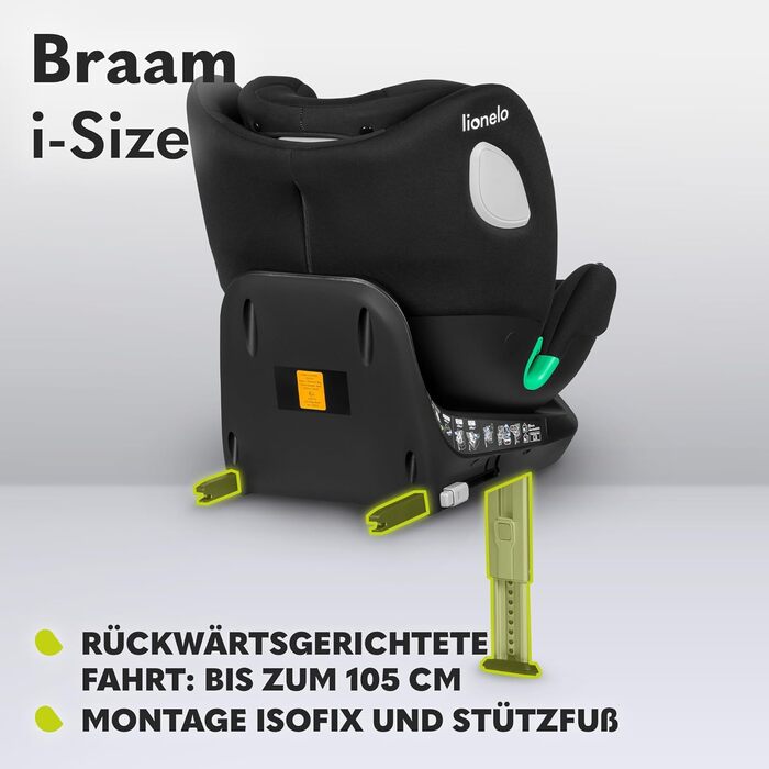 Дитяче автокрісло Lionelo Isofix і опорна нога або автомобільні ремені Дитяче автокрісло 0-36 кг Рух заднім ходом і вперед Бічний захист, що обертається на 360 градусів (чорний, BRAAM I-SIZE)