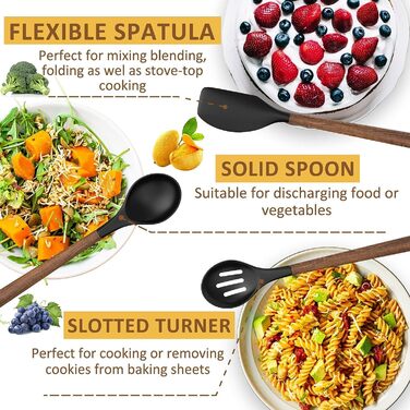 Набір кухонних аксесуарів Kochutensilien, 8 предметів: силікон з дерев'яною ручкою, антипригарне покриття, стійкий до нагрівання, легко миється