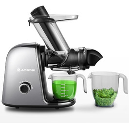 Електричний соковитискач AOBOSI Slow Juicer з 2 швидкостями, для овочів та фруктів, з 8-ступеневою спіраллю, щіткою для очищення та 2 чашами, функція реверсу, сірий