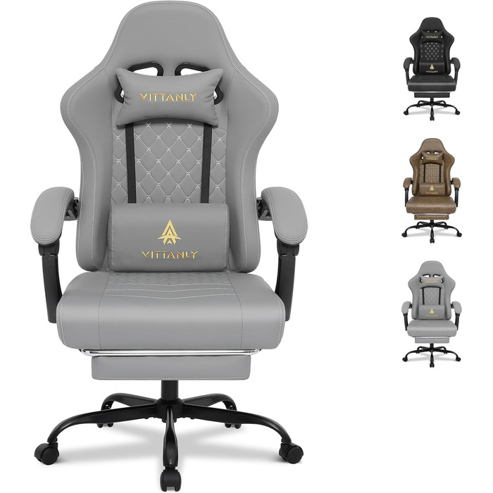 Ігровий крісло Vittanly з пружинними подушками, ергономічний геймерське крісло з підголовником, поперековою подушкою та підставкою для ніг, регульоване по висоті, поворотне ігрове крісло, офісне крісло, 150 кг, сірий