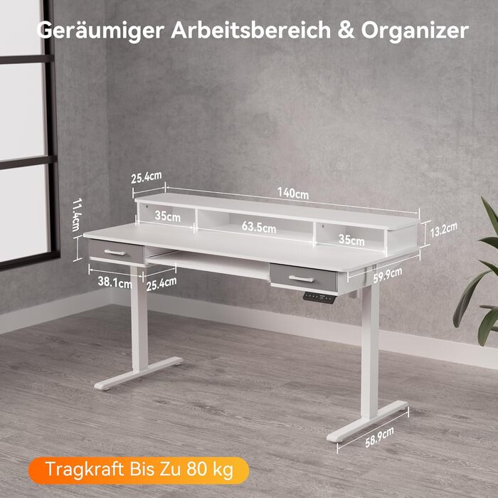 Регульований за висотою стіл WALKINGDESK з електроприводом, 160x60 см. Стіл для комп'ютера з ящиками та підставкою для клавіатури, білий. Підходить для дому та офісу.
