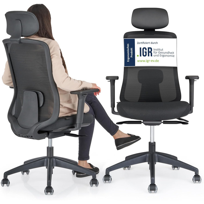 Офісний стіл Schekka® Ergonomisch - ергономічне крісло з регулюванням, підголовником та підтримкою попереку, 3D підлокітники, дихаюча сітка, 150 кг (Світло-сірий/М'ятний)