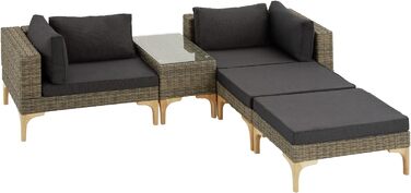 Тектейк® Набір садово-розкладних меблів з ротангу Outdoor Lounge на 5 місць, з кутовим кріслом, пуфом, столиком, комплект для відпочинку, з подушками для сидіння та спинки (Натуральний)