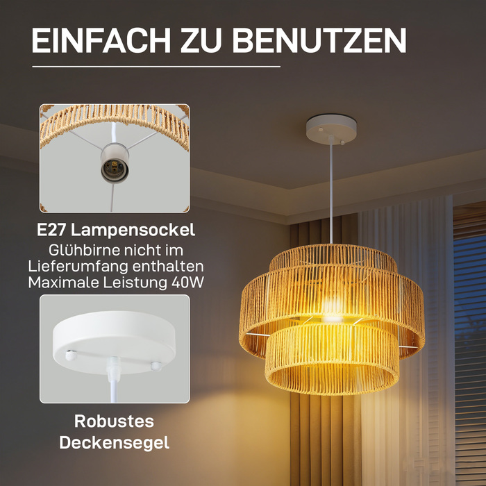 Підвісна лампа з тришаровим абажуром, метал, мотузка з натурального льону, світло-коричневий