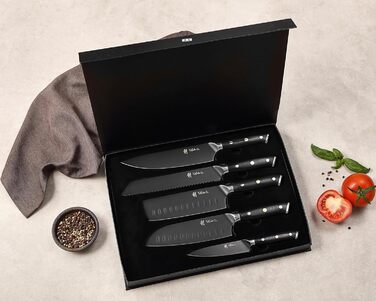 Набір кухонних ножів Wakoli Titanium Noir (5 предметів) з бруском - професійний набір кухонних ножів з титанового покриття, нержавіюча сталь, чорний колір, магнітний бруск