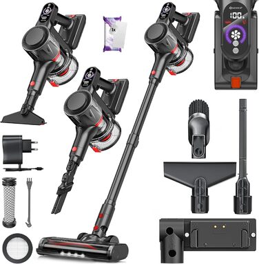 Бездротовий акумуляторний пилосос KESSER® з LED дисплеєм та аромакапсулою | Бездротовий пилосос без мішка з антизаплутаною насадкою, HEPA-фільтром, час роботи до 60 хвилин, для твердих поверхонь та килимів, чорний/червоний