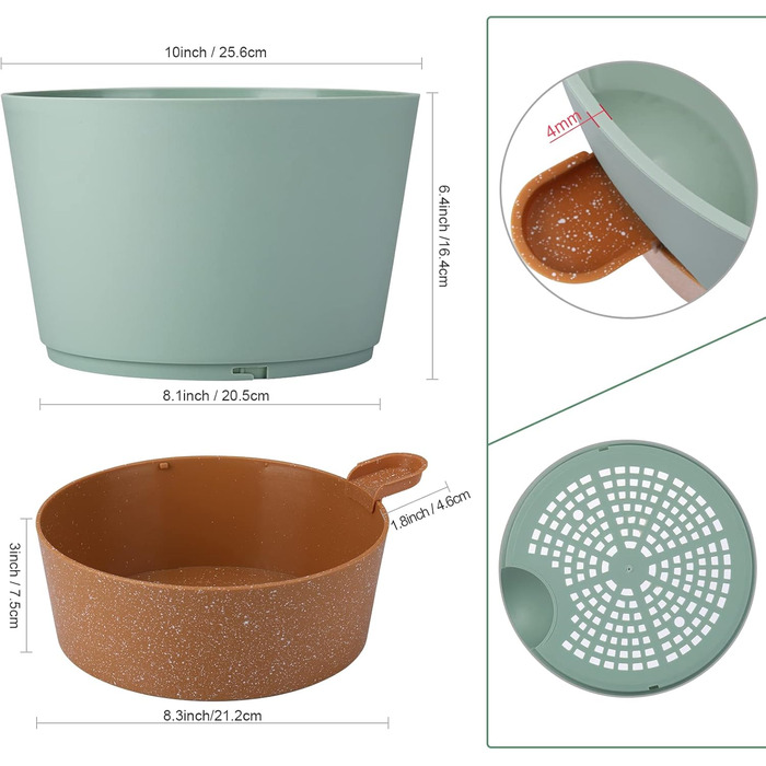 Набір з 2 горщиків для квітів 25.4 см, пластик, з системою поливу, для дому, балкону, саду, сукулентів, кактусів (зелений, коричневий)
