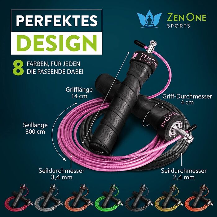 Скакалка ZenRope, швидкісна скакалка з шарикопідшипником, професійна скакалка для дорослих, регульована по довжині, з урахуванням ваги і ваги. Додатковий сталевий трос, електронна книга, керівництво по посадці і сумка, Довжина троса 3 м (рожевий)