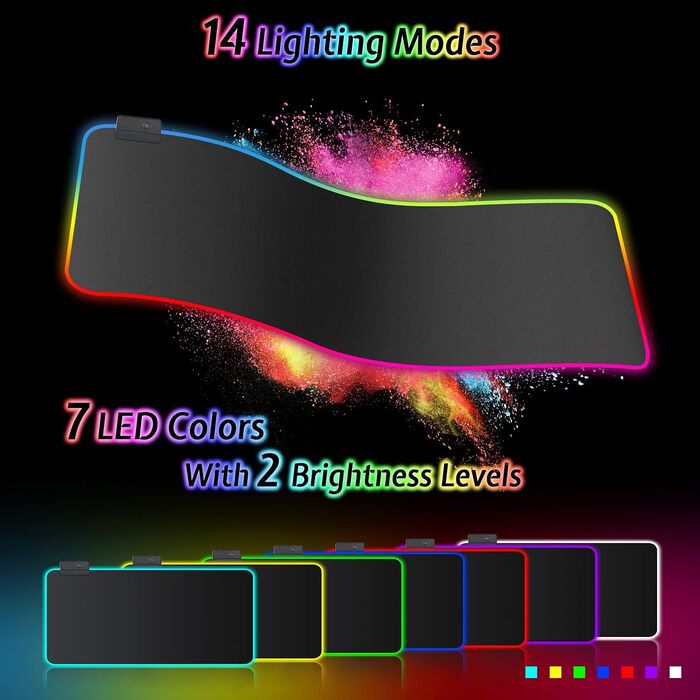 Килимок для миші ігровий RGB 900x400 мм XXL, великий, з підсвічуванням 14 режимів, 7 кольорів LED, вологостійкий, протиковзкий, для комп'ютера, ноутбука, клавіатури, професійний геймер, чорний