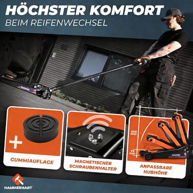 Гідравлічний домкрат HAMMERHART 3T з низьким профілем, 75-505мм, колеса 360°, подвійний поршень, гумова накладка, Т-ручка - Преміум якість