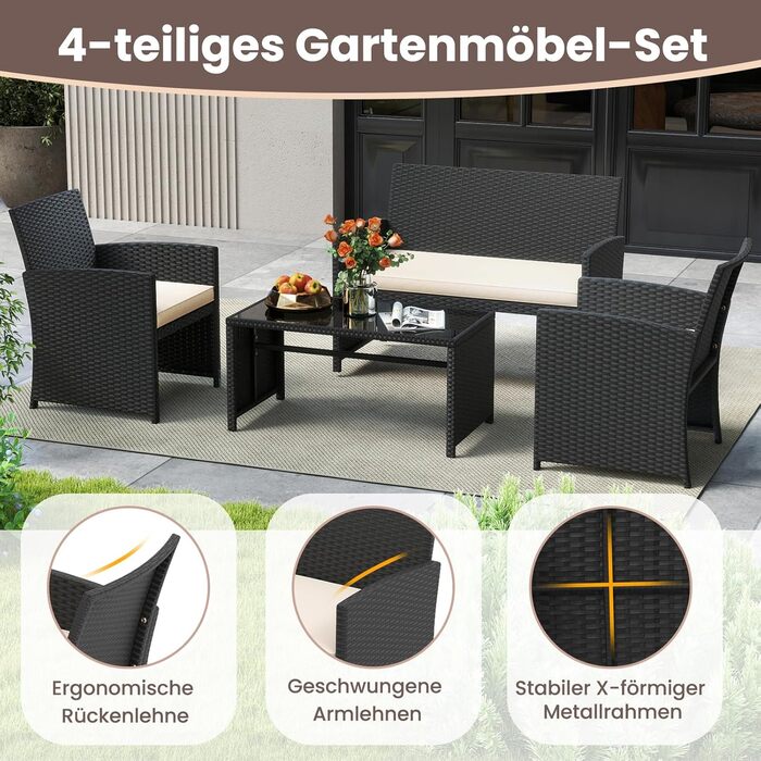 Садовий набір меблів COSTWAY з ротангу для балкона та тераси: диван, 2 крісла, стіл, подушки (Сірий + Чорний)